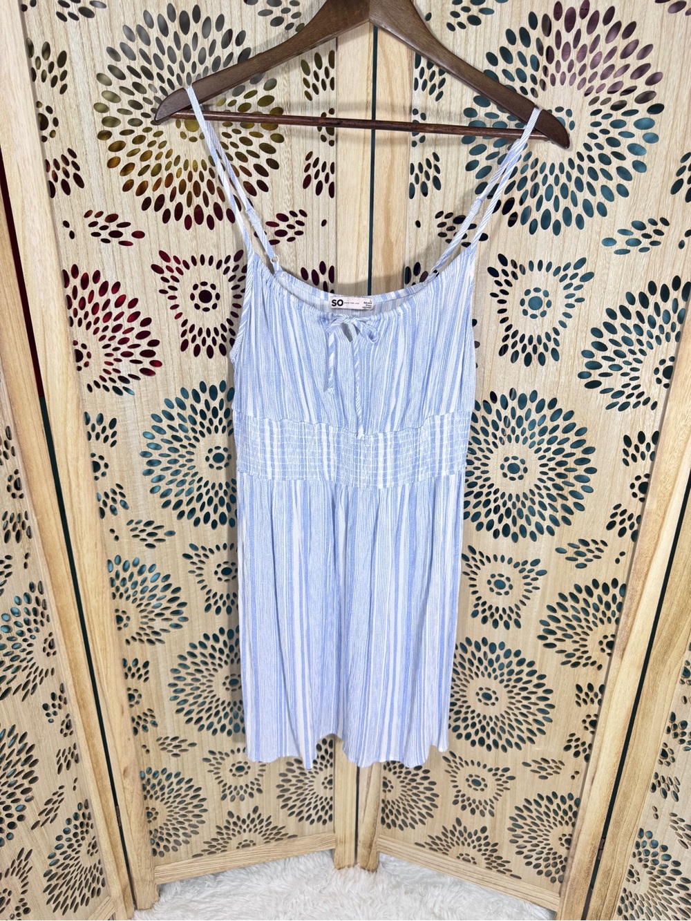 SO Goods For Life Babydoll Dress L Blue White Stripe Smocked Rayon Mini Textured